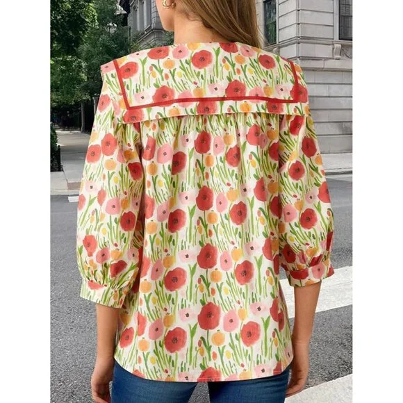 Women's Cotton Button Down Shirt 3/4 Sleeve Floral V Neck Office Casual